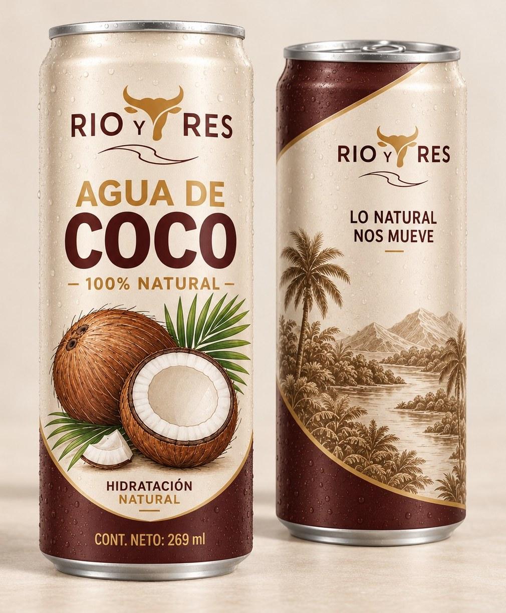 Dos latas de agua de coco RÍO Y RES de 269 ml, color crema con banda burdeos