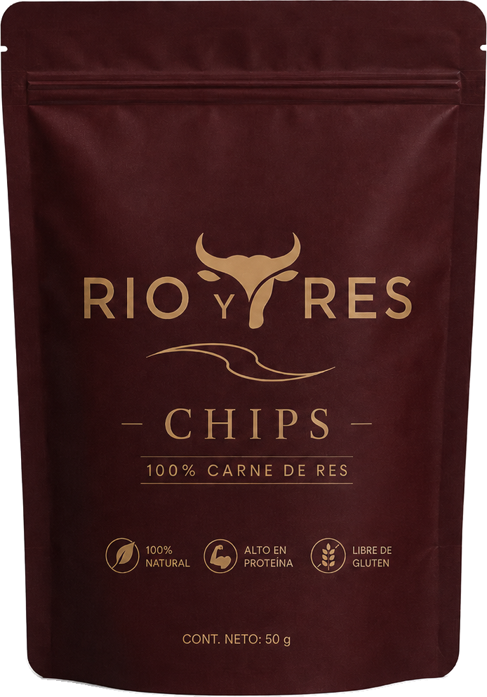 Doypack burdeos mate de RÍO Y RES Chips con el logo dorado